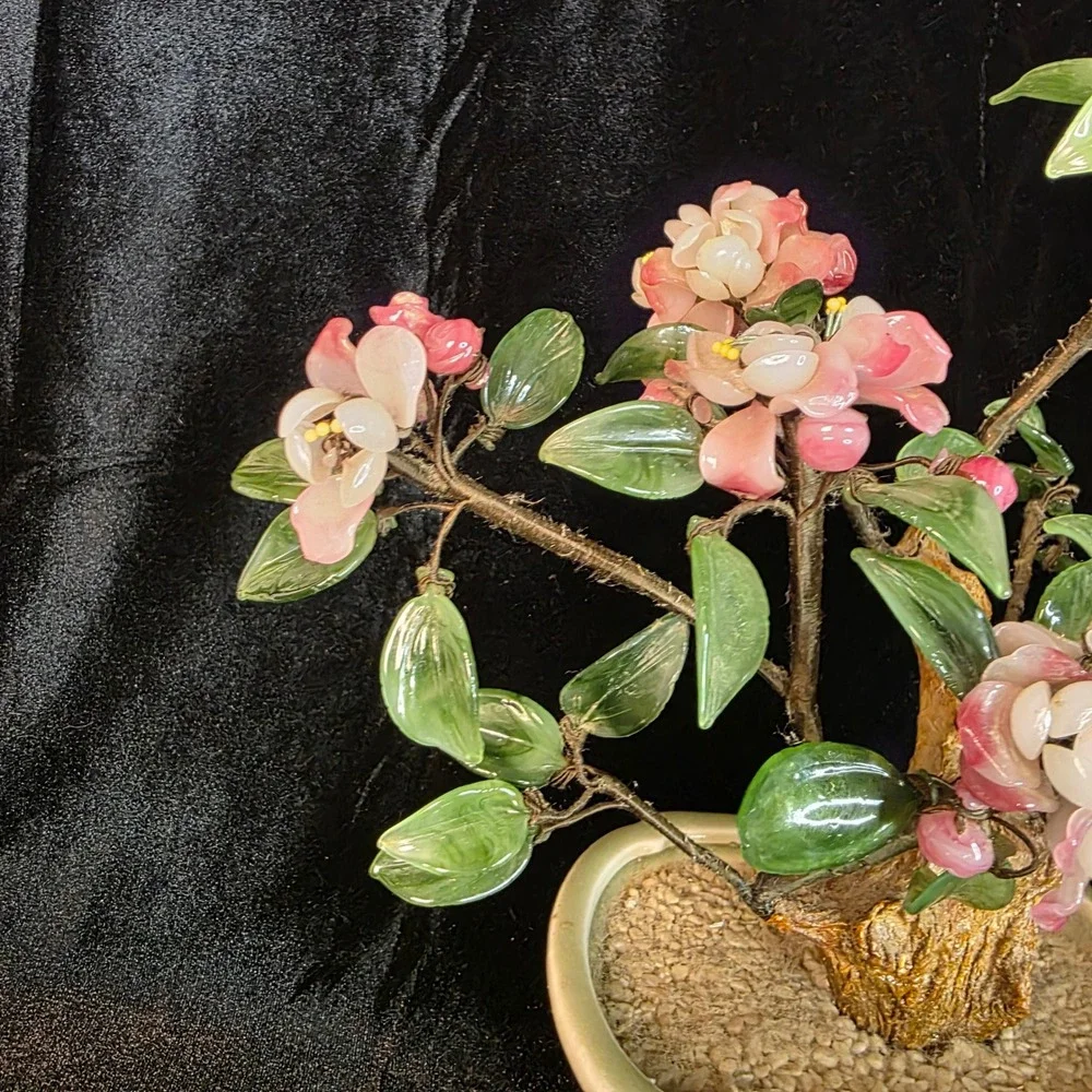 VTG Chinese Peking Glass Bonsai Tree Pink Cherry Blossom Celadon Crane 13
